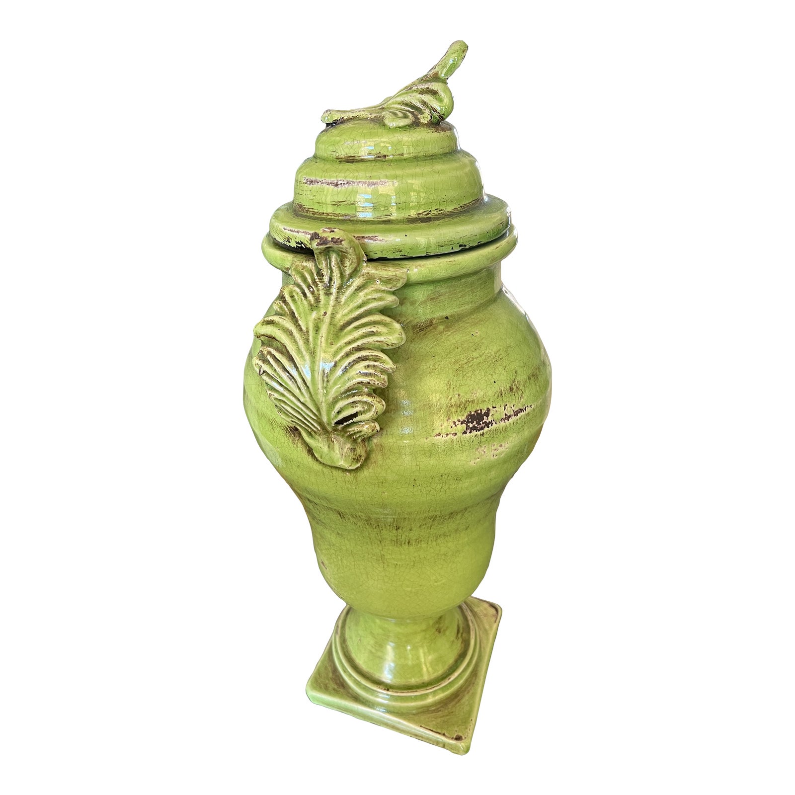 Contemporary Green Ceramic Pot With Lid Chairish