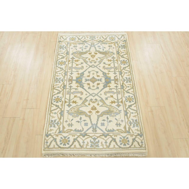 Tribal Oushak Rug 3’2” X 5′ Ivory Wool Tribal Hand-Knotted Oriental Carpet For Sale - Image 3 of 12