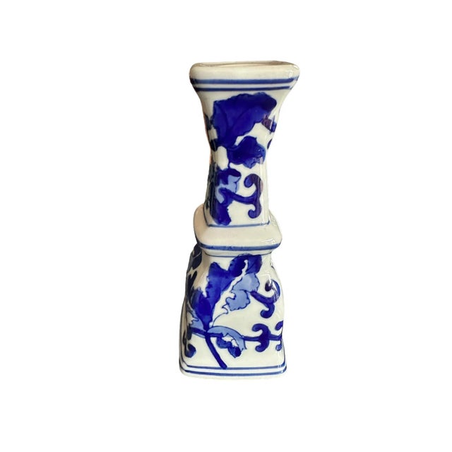 Navy Blue Vintage Silvestri Blue and White Ceramic Candlestick Holders- Set of 3 For Sale - Image 8 of 11
