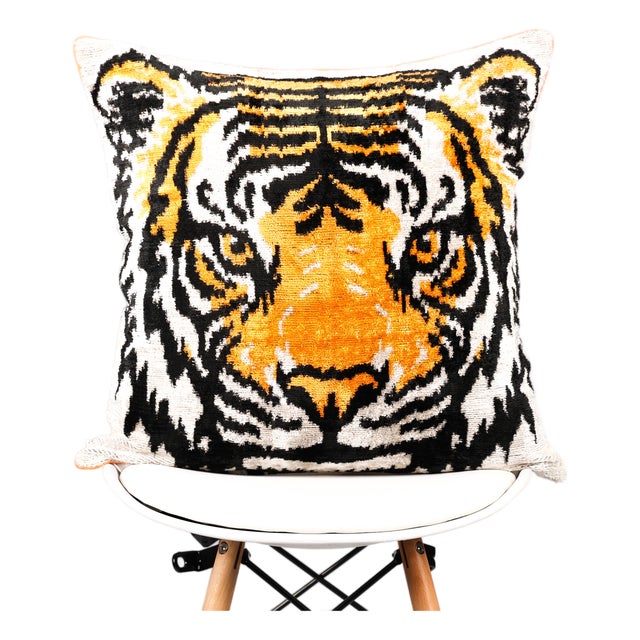 Tiger Silk Velvet Ikat Pillow Cover, Handwoven Luxury Cushion, Boho Home Decor, Unique Throw Pillow, Uzbek Textile For Sale