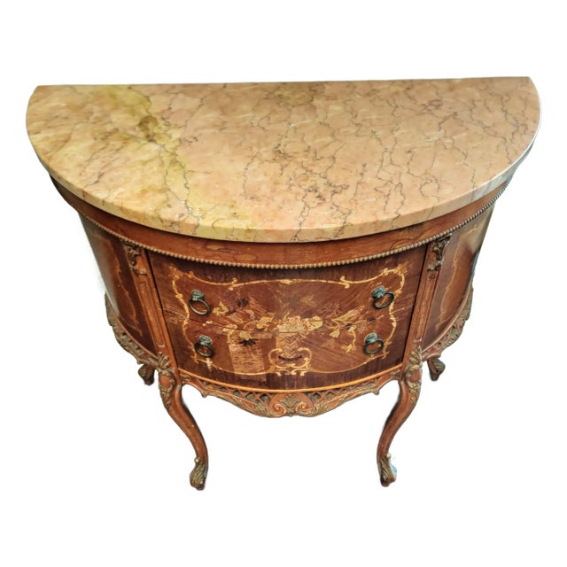 Antique French Louis XV Style Demi Lune Commode With Marble Top For Sale