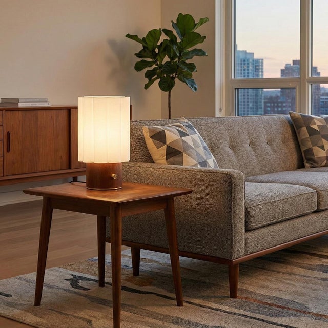 Mid-Century Modern Scalloped Accent Table Lamp - Walnut, Weathered Brass, White Linen, Diffuser, Dimmer For Sale - Image 3 of 8