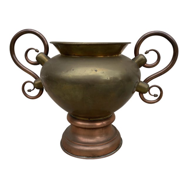 Antique Copper & Brass Double Handle Jardiniere Planter For Sale