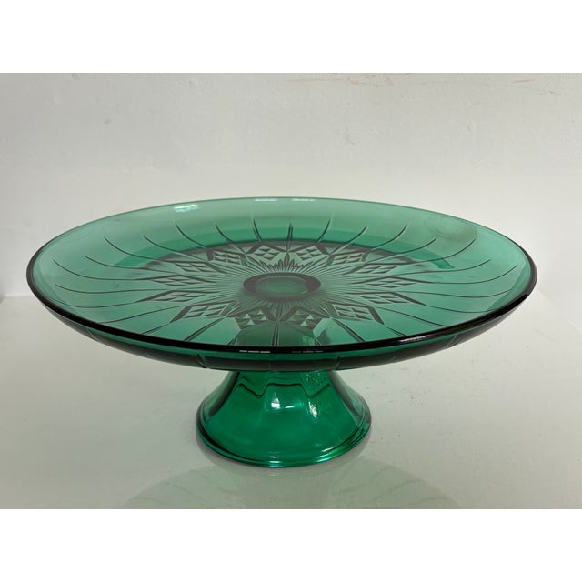 Art Deco Mid 20th Century Canfield Emerald Green Glass Cake Platter by Anchor Hocking For Sale - Image 3 of 6