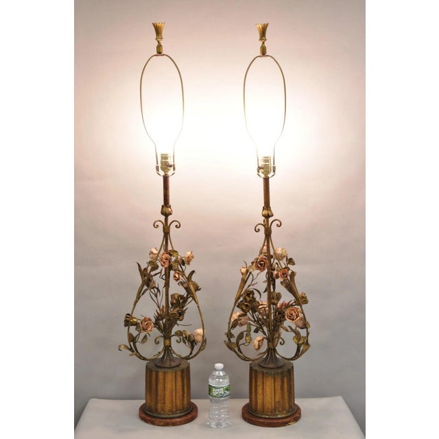 Vintage Italian Hollywood Regency Gold Gilt Iron Metal Pink Rose Tall Table Lamps - a Pair. Circa Early 20th Century....