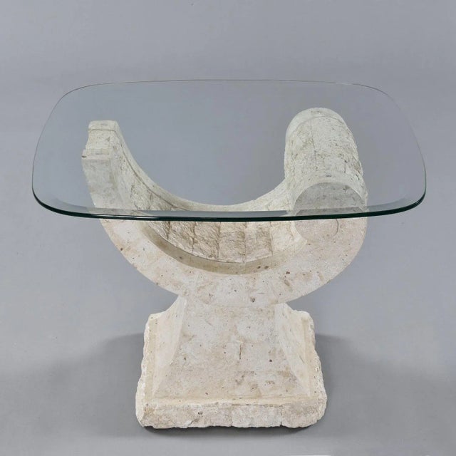 Art Deco Curved Tessellated Stone Base End Table With Glass For Sale - Image 3 of 11