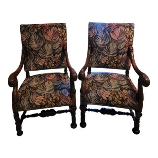 Vintage French Louis Philippe Style Armchairs With Carved Wood Arms and Legs - A Pair For Sale