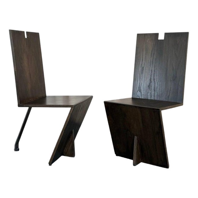 1980s Post Modern Artisan Made Angular Ebonized Oak and Steel Chairs For Sale