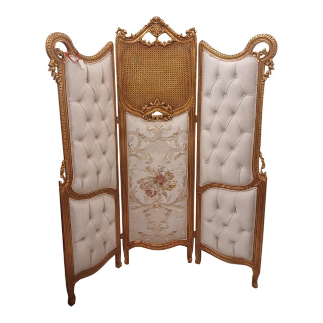 Vintage French Louis XV Style Three-Panel Screen in Gold Leaf Room Divider For Sale