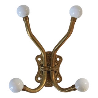 Vintage Brass and White Porcelain 4-Hook Wall Mount Coat or Hat Hanger For Sale