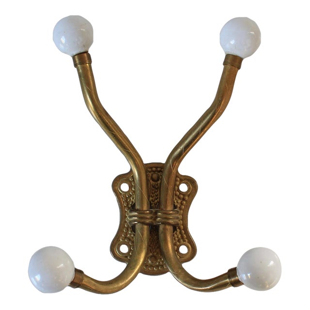 Vintage Brass and White Porcelain 4-Hook Wall Mount Coat or Hat Hanger For Sale
