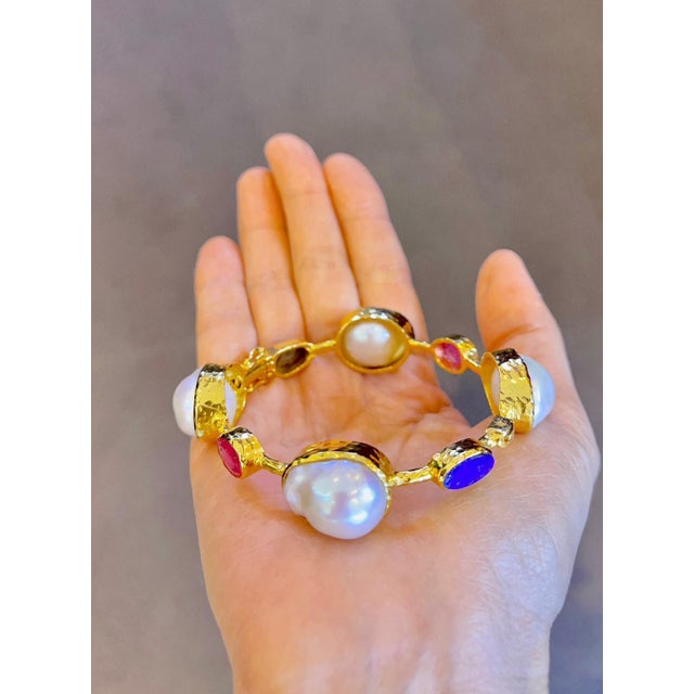 Baroque Bochic “Capri” Vintage Ruby, Blue Opal & South Sea Pearl Bangle in 18K Gold & Silver For Sale - Image 3 of 12