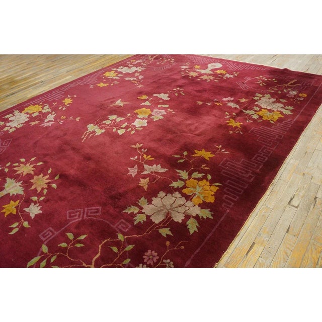 Adorable Red-Maroon Background Asymmetric Detail Floral Desing Antique Chinese Art Deco Rug For Sale In New York - Image 6 of 9