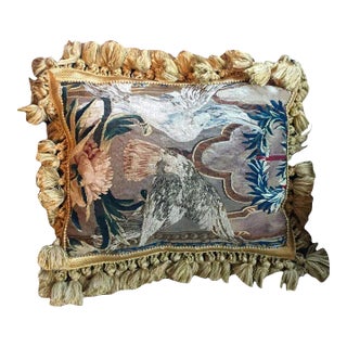 Antique 18th Century French Aubusson Verdure Tapestry Pillow With Gold Fringe & Velvet Back For Sale