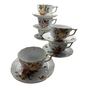 Herend Original Fruits and Flowers (Bfr) 700 Set of 6 Soup Cups and 6 Soup Cup Saucers