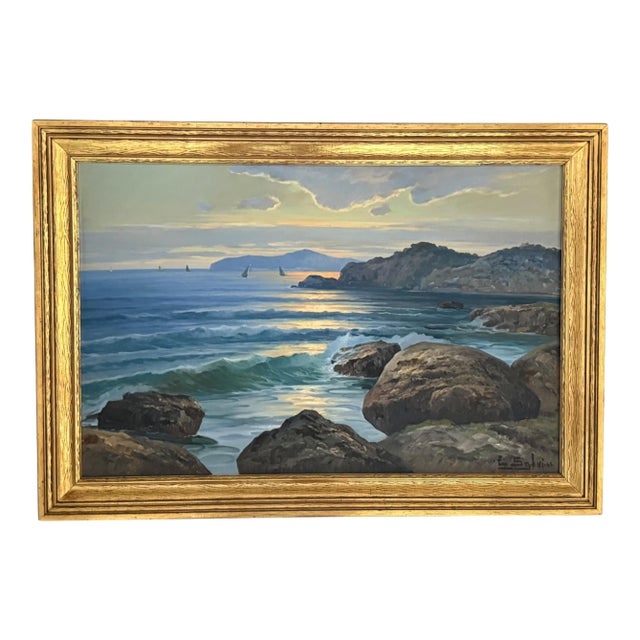 Emilio Salvi Signed Oil on Board “Capri” Seascape Painting in Gilt Frame For Sale