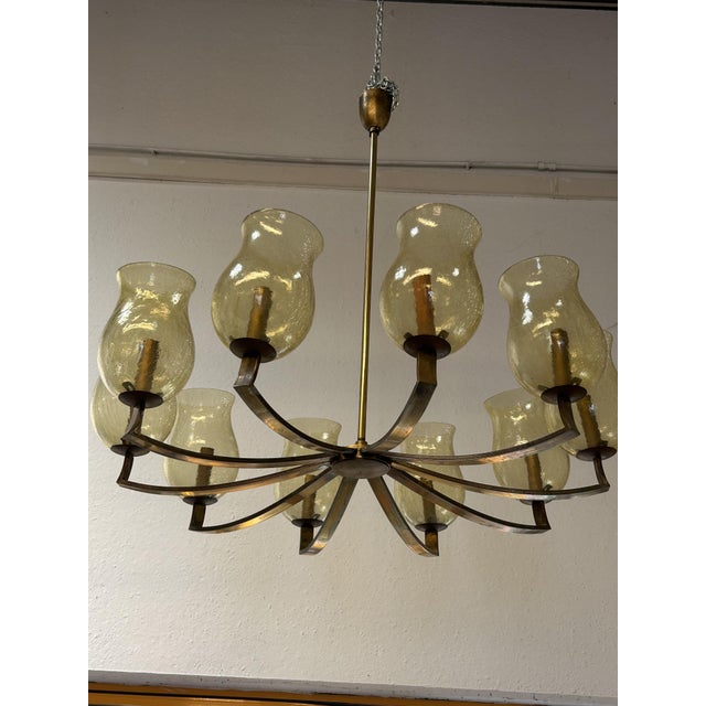 Vintage Chandelier in Brass and Etched Glass, 1950s For Sale - Image 4 of 6