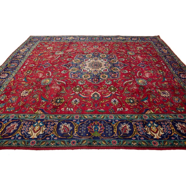 1940s 10 X 11 Handmade Vintage Tabriz Red Wool Rug With Rosette Design For Sale - Image 5 of 8
