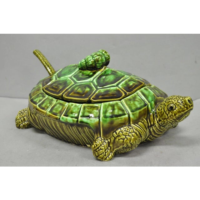 Vintage Tilso Japan Mid Century Modern Green Ceramic Figural Turtle Covered Soup Tureen with Ladle/Spoon. Circa Mid 20th...