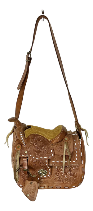 1980s Vintage Southwestern Americana Tooled Leather Trompe I’Oeil Saddle Shoulder Handbag