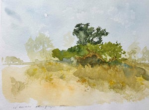 Georgia: Atmospheric Setting Near Athens by Timothy J. Standring | Watercolor on paper Landscape with trees and soft hills.