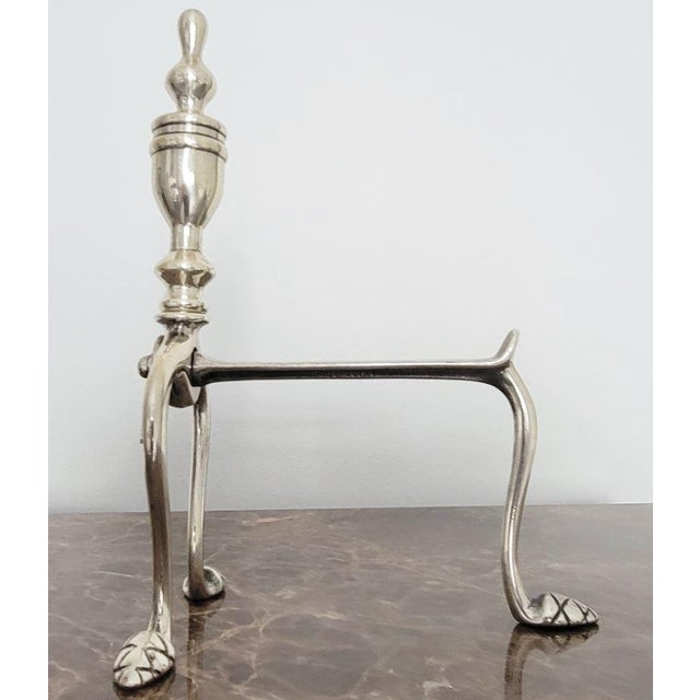 2000 - 2009 Pair of Brass Fireplace Andiron Set in Silver Antique Finish For Sale - Image 5 of 7