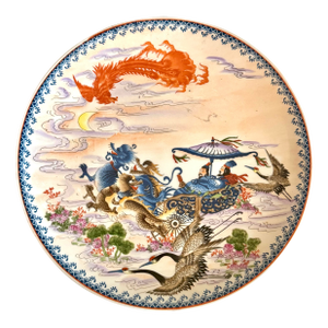 Vintage Chinoiserie Porcelain Handpainted Wall Plate Numbered 1092 Wall Decor the Dragon Chariot