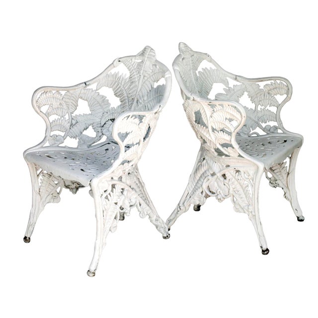 Pair of Exquisite Antique White Cast Iron Garden Chairs with Fern Motif. Freshly Painted.