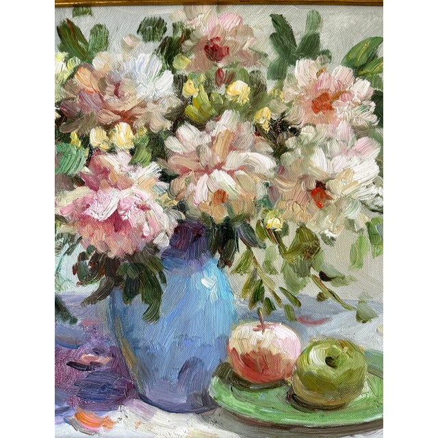 Blue Late 20th Century Impressionist Floral Still Life Painting of Peonies and Apples For Sale - Image 8 of 12