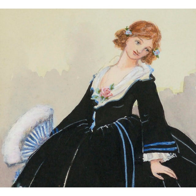 Realism 1920's Historical Fashion Illustration of Lady in 17th Century Dress by M. Solomon For Sale - Image 3 of 6