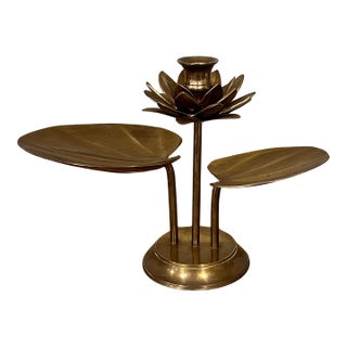 Vintage Brass Lotus Candle Holder With Lily Pad Catch-All Trays – Made in India For Sale