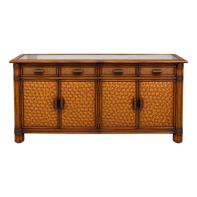 Vintage Rattan and Bamboo-Style Sideboard With Glass-Inset Top – Tropical Regency Cabinet For Sale