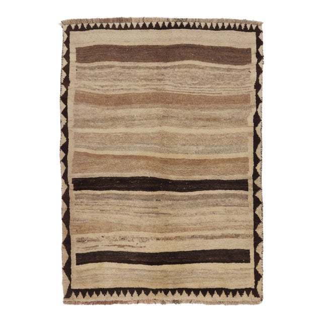 Vintage Persian Gabbeh Rug, Brown and Beige Striped Tribal Design - Rug & Kilim For Sale