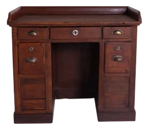 Vintage Wood Desk with Drawers and Brass Details