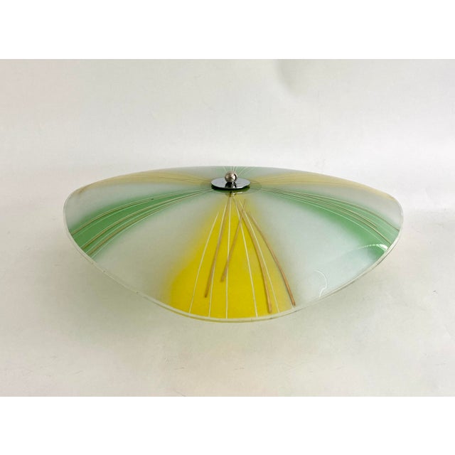Midcentury glass wall or ceiling mount lamp was represented at the Brussels World Expo 1958. This hand-painted fixture is...