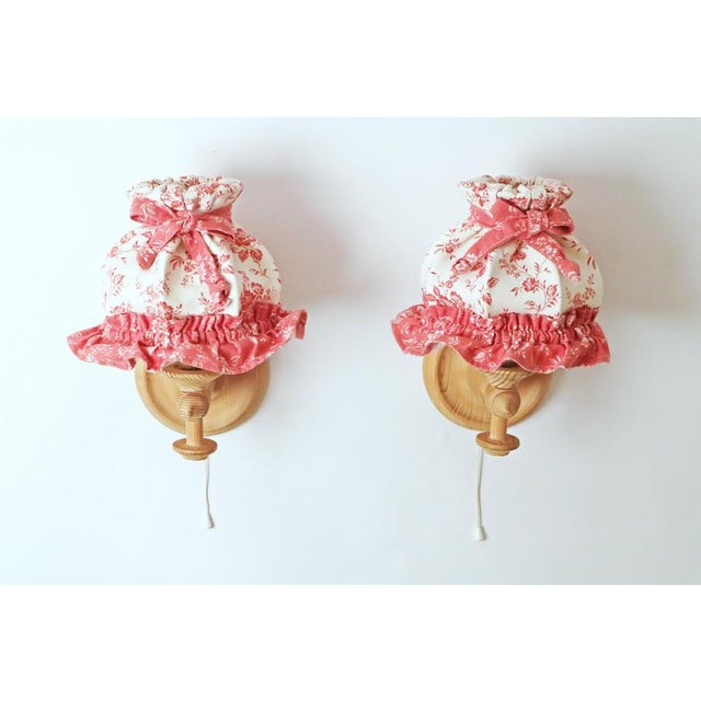 Swedish Pinewood Wall Lamps with Floral Textile Shades, 1970s, Set of 2 For Sale - Image 12 of 18
