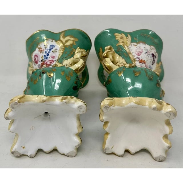 Antique Pair English Porcelain Green Samuel Alcock Vases Urns Still Life Flowers For Sale - Image 10 of 12
