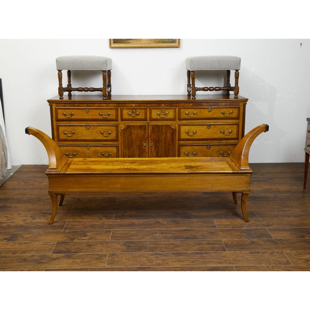 Brown French 1820s Restauration Walnut Bench with Lift-Top Seat and Curving Arms For Sale - Image 8 of 12
