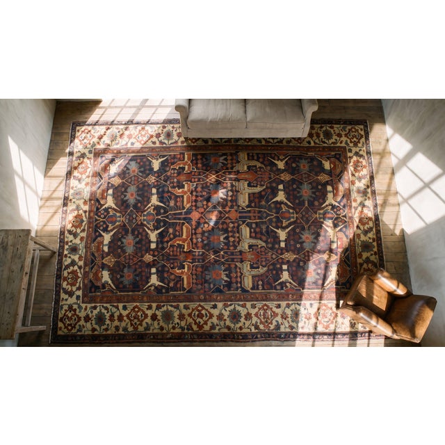 Textile 1880s Blue Navy Floral Antique W. Persian Bijar Garrus Rug 11'3" X 18'10" Handknotted Wool Carpet For Sale - Image 7 of 9