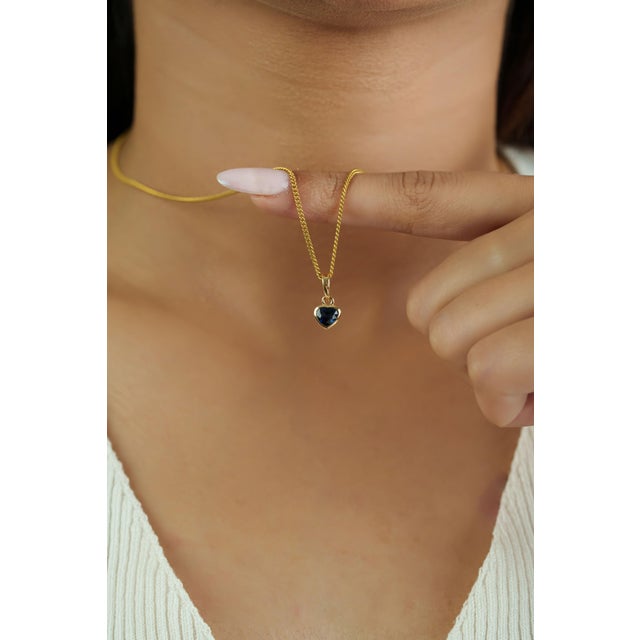 Metal Heart-Shaped Blue Sapphire Bezel Set Solitaire Pendant in 14k Yellow Gold For Sale - Image 7 of 14