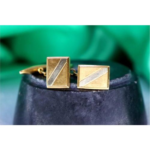 Two-tone rectangular gold cufflinks with diagonal band. Metal: Gold. Origin: Portuguese. Brand: Veado. Weight: 7.15 grams....