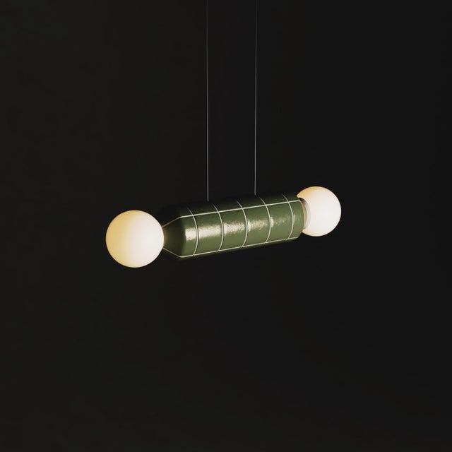 Modern Horizontal Pendant Light With Ceramic Base – Green – Handcrafted For Sale - Image 4 of 6