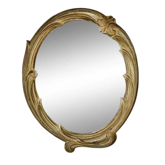 1940s Faux Bois Oval Wall Tray or Table Mirror in Brown and Gold For Sale