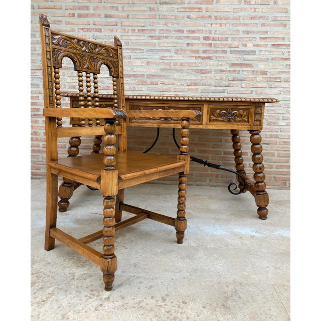 19th Century French Hand-Carved Oak Desk with Solomonic Legs and Armchair, Set of 2 For Sale - Image 6 of 18