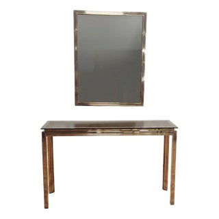 Vintage Console Table in Brass and Steel with Smoked Glass Top and Mirror, 1970s, Set of 2 For Sale
