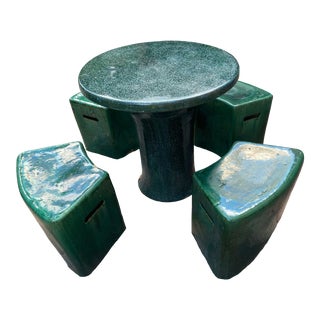 Glazed Ceramic Outdoor Dining Table & 4 Seats For Sale