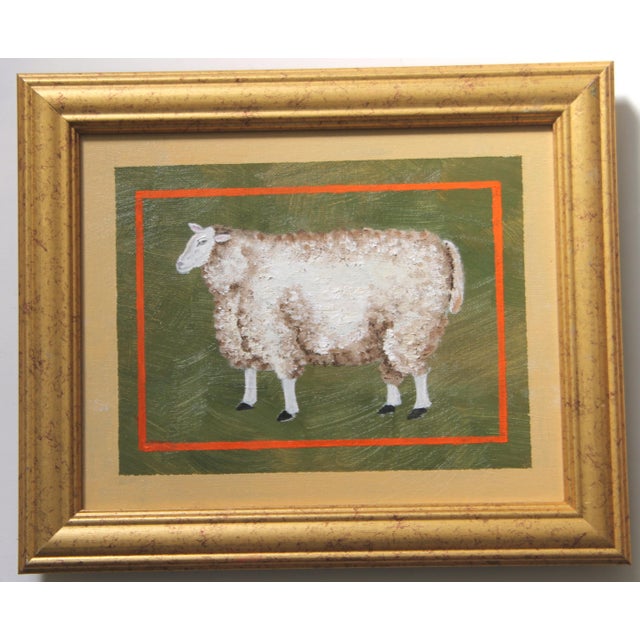 Cleo Plowden Cow Black White Goldenrod Sepia Lime Green Englih Traditional Folk Art MInimalism Americana Original Oil Painting by Cleo Plowden For Sale - Image 4 of 5