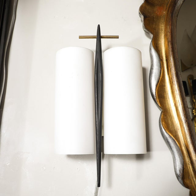 Mid-Century Frosted Glass, Brass & Black Enamel Sconce by Maison Arlus For Sale - Image 10 of 11