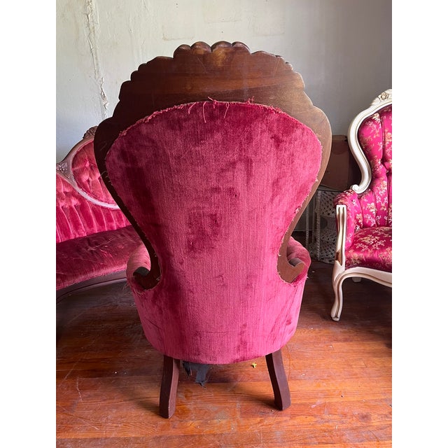 Mid 20th Century Victorian Style Parlor Set — Sofa & Gentleman's Chair | Carved Walnut Frames | Reupholstery Project For Sale - Image 4 of 10