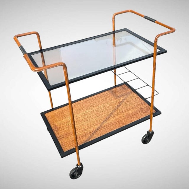 Stitched Leather Trolley by Jacques Adnet, 1950s For Sale - Image 4 of 13